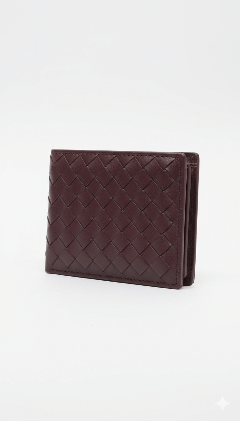 Men's Woven Leather Bifold Wallet - Deep Burgundy