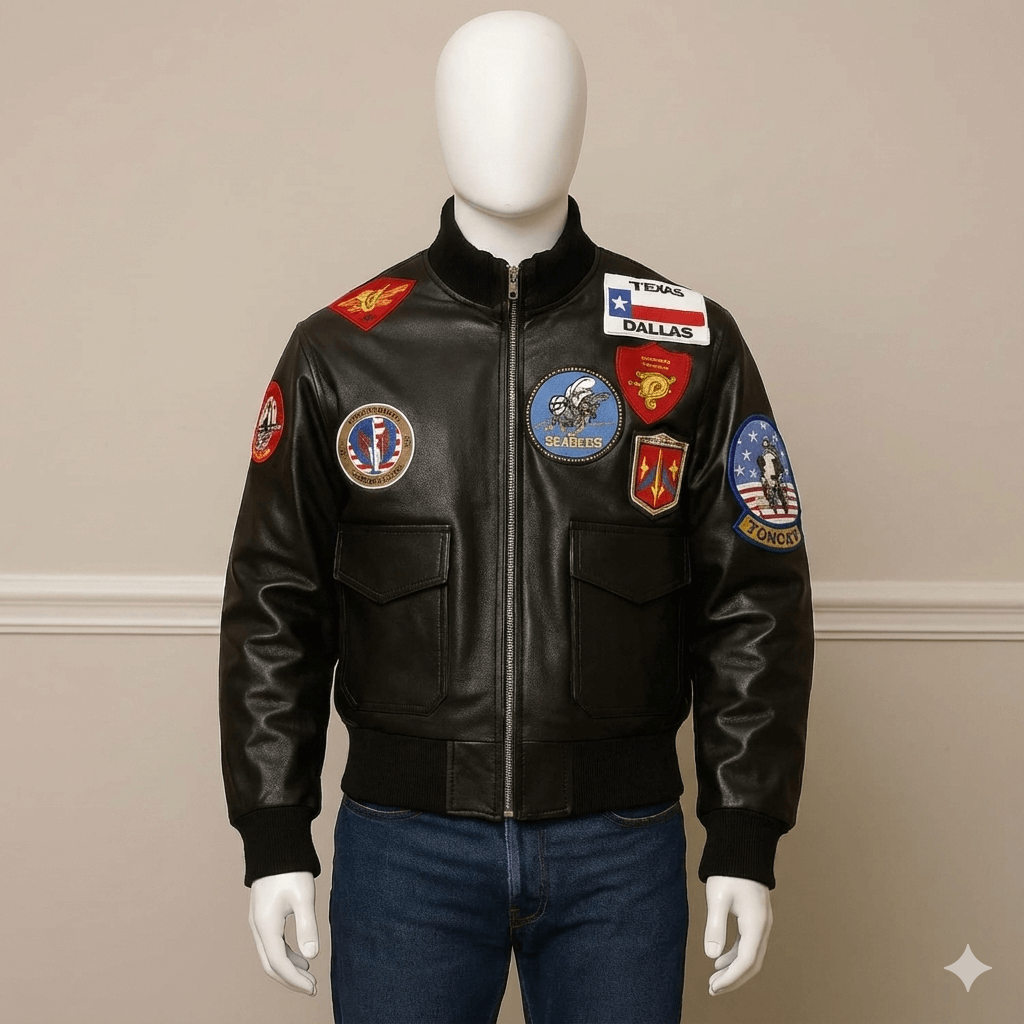 The Maverick Squadron Premium Genuine Leather Multi-Patch Flight Bomber Jacket for Men