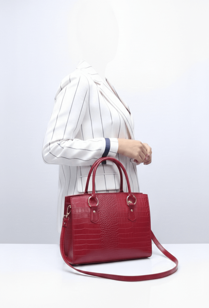 Women’s Luxury Red Croc-Embossed Handbag – Guaranteed 100% Pure Leather – Structured Executive Tote with Gold Hardware