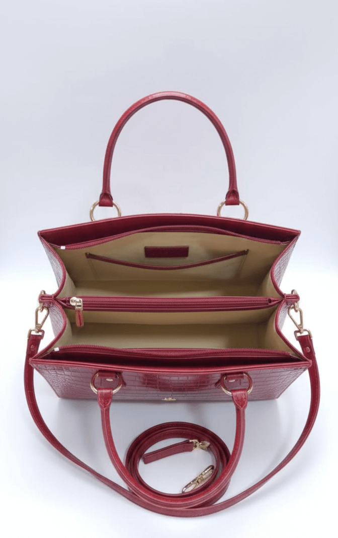 Women’s Luxury Red Croc-Embossed Handbag – Guaranteed 100% Pure Leather – Structured Executive Tote with Gold Hardware