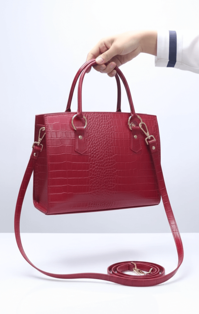 Women’s Luxury Red Croc-Embossed Handbag – Guaranteed 100% Pure Leather – Structured Executive Tote with Gold Hardware
