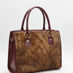 Luxury Pure Leather Handbag - Natural Hair-on-Hide Structured Tote - Handcrafted Professional Satchel in Deep Mahogany