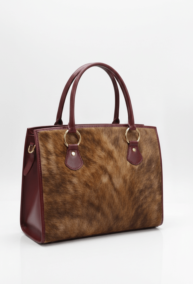 Luxury Pure Leather Handbag - Natural Hair-on-Hide Structured Tote - Handcrafted Professional Satchel in Deep Mahogany